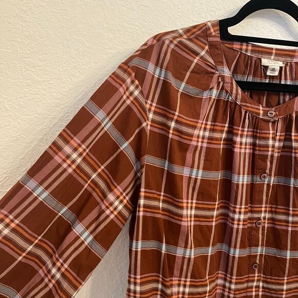 a.n.a. Womens Peasant Blouse 0X XL Plaid Boho Cottage Button Brown Cotton Puff - Picture 2 of 9